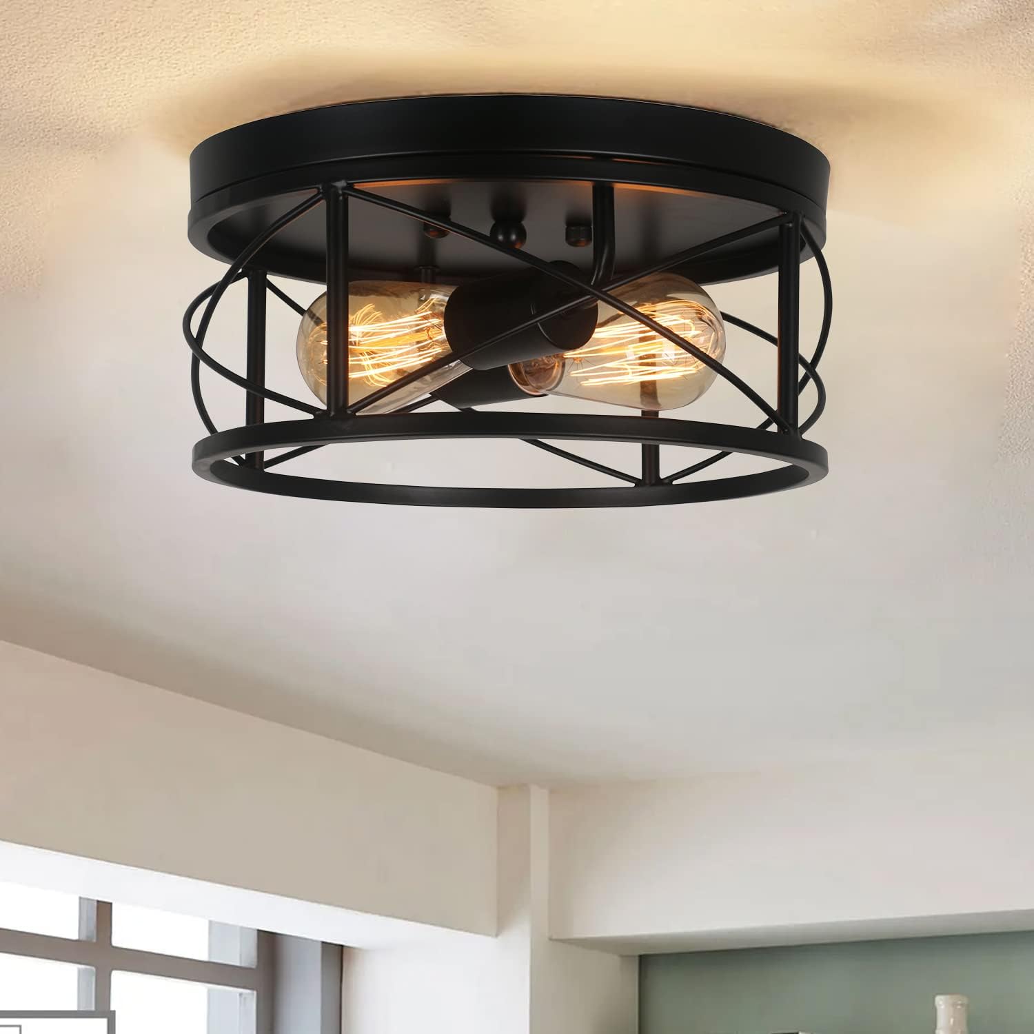 UNITARY Farmhouse Bedroom Flush Mount Ceiling Light Rustic Black Metal