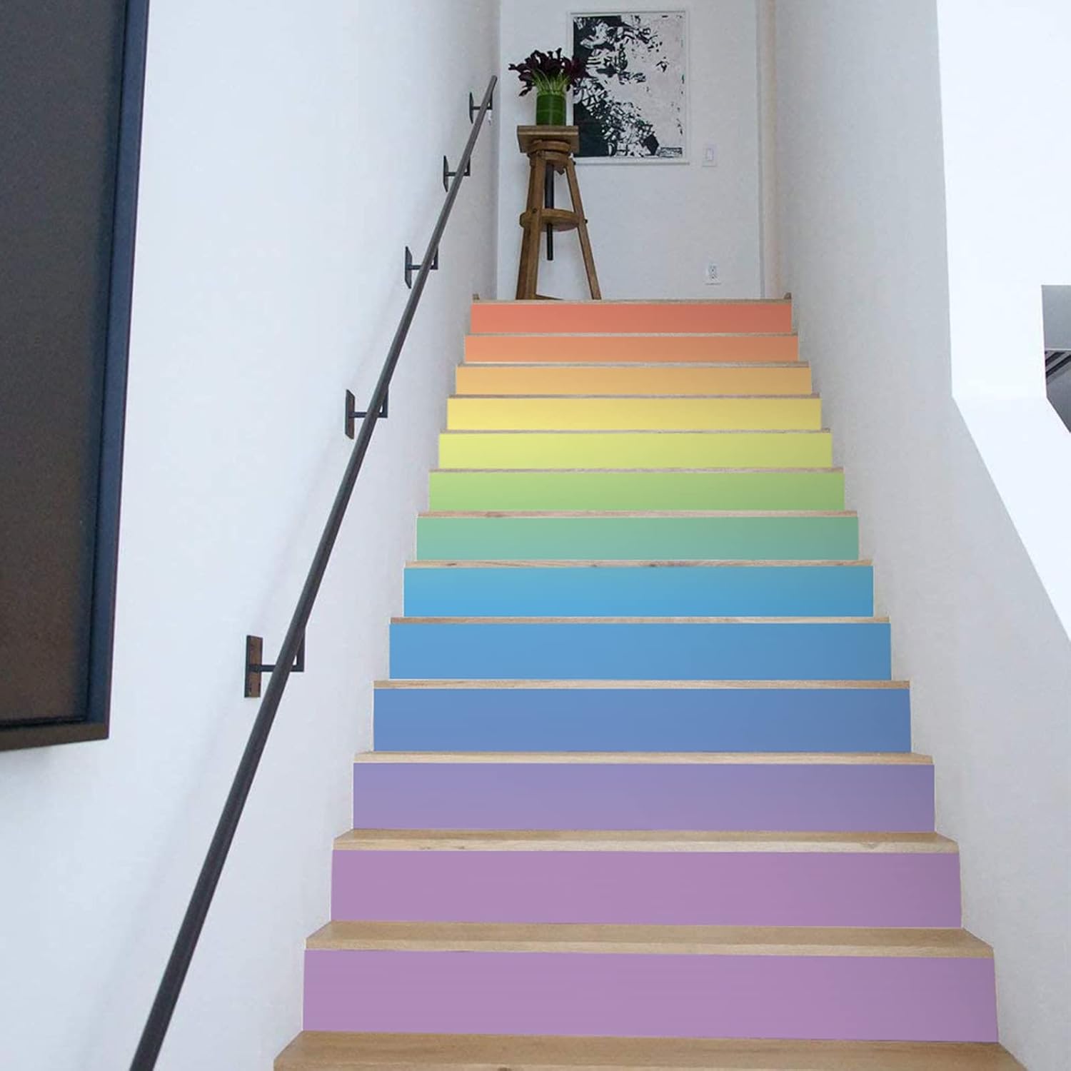 FLFK Rainbow Stair Riser Decals, Self-Adhesive Strips, Multicolor Decorative Stickers, Peel and Stick Design, Modern Style, 39.3" W x 7" H x 13Pcs, for Indoor Staircase Decoration