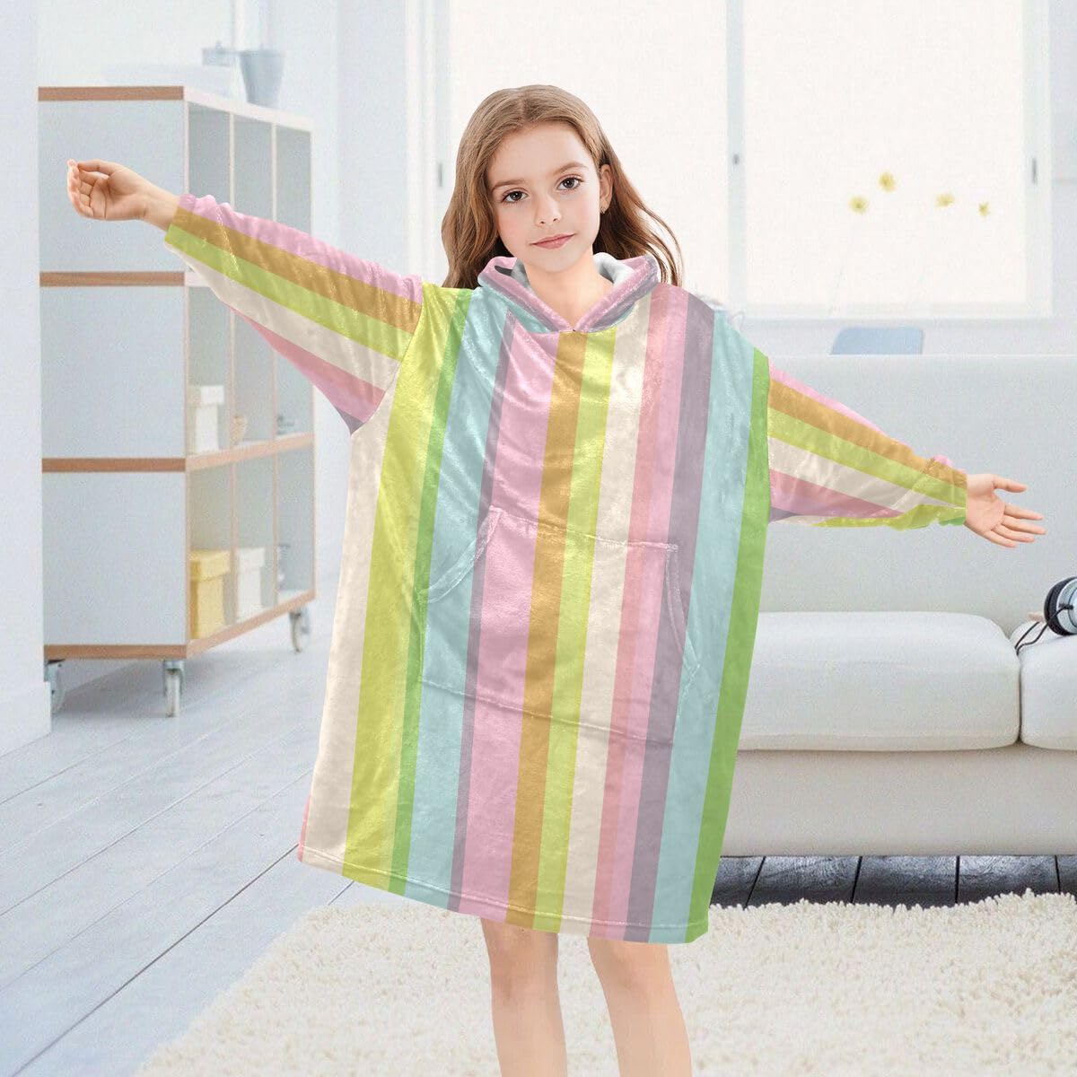 Rowbin Stripes dziecięcy koc do noszenia z kapturem, oversize, bluza z kapturem, kolorowe paski, dla chłopców i dziewcząt w wieku 3-14 lat