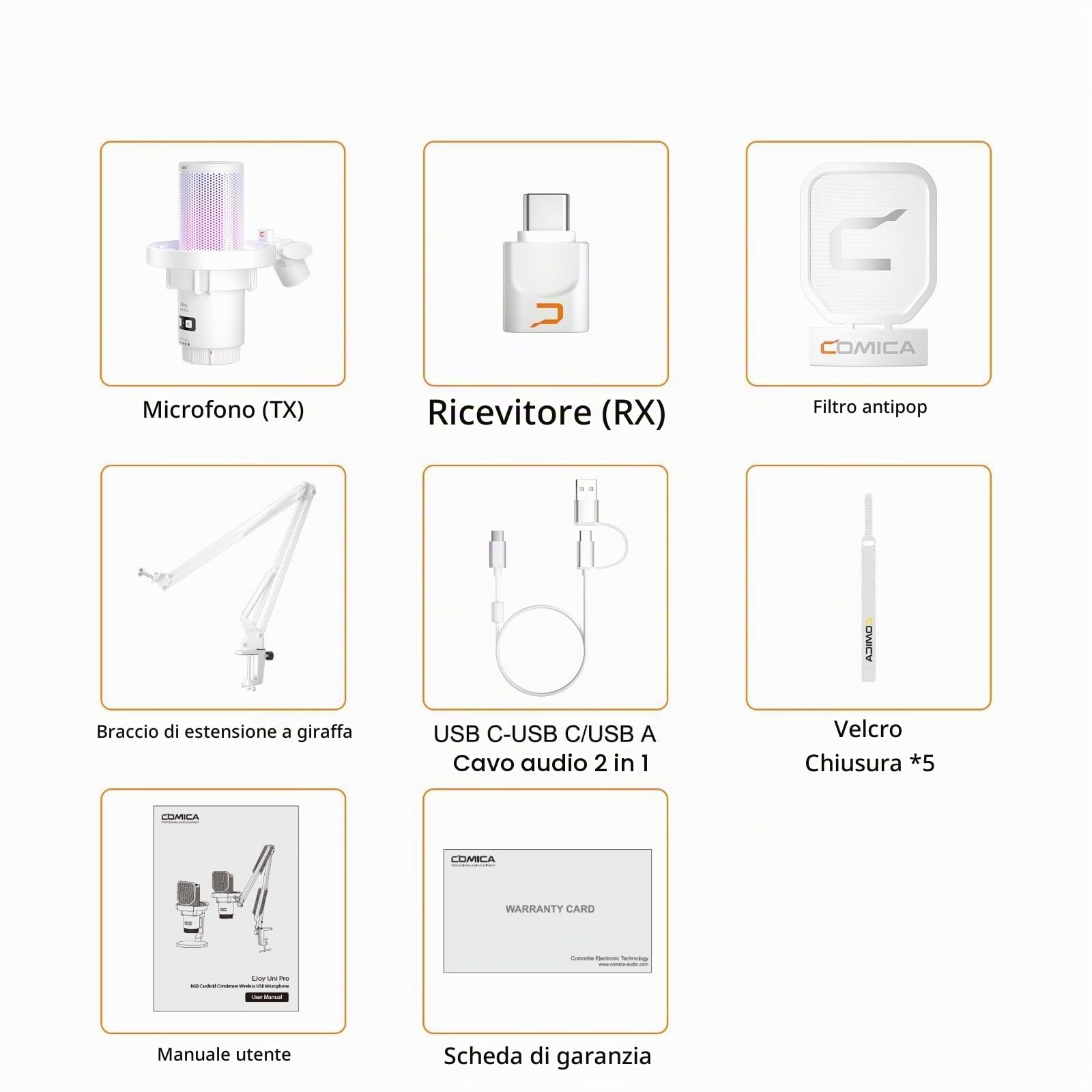 Comica EJoy Uni Pro (A)-Microfono bianco per computer e smartphone, microfono da gioco a condensatore cardioide RGB 48Khz/24Bit per podcasting, streaming, registrazione, musica, con supporto a braccio