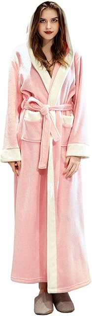Womens Fleece Dressing Gown Ladies Hooded Bathrobe Fluffy Soft Plush Long Robes Winter Warm Housecoat Loungewear
