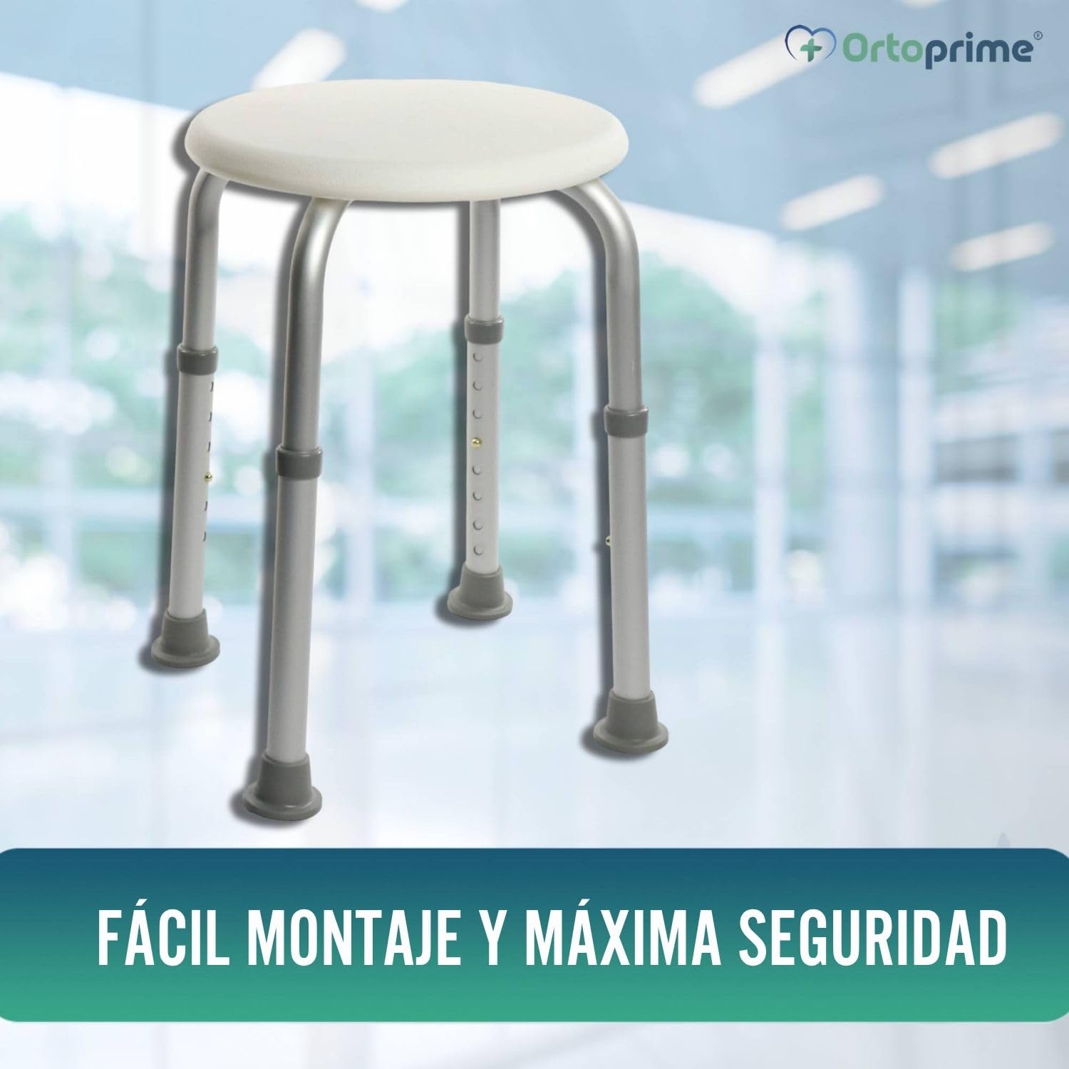 OrtoPrime Taburete de Ducha Redondo - Taburete Baño Antideslizante para discapacitados o Ancianos - Silla Ortopédica para Ducha - Asiento Ducha Adulto - Silla para baño Adulto - Altura Regulable