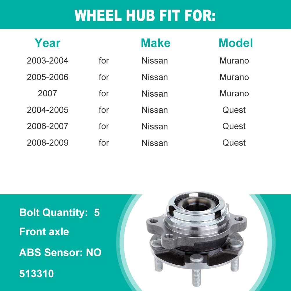 513310 Wheel Hub and Bearing Assembly front For Nissan Murano 2003-2007 For Nissan Quest 2004-2009 W/O ABS Sensor Hub Bearing kit