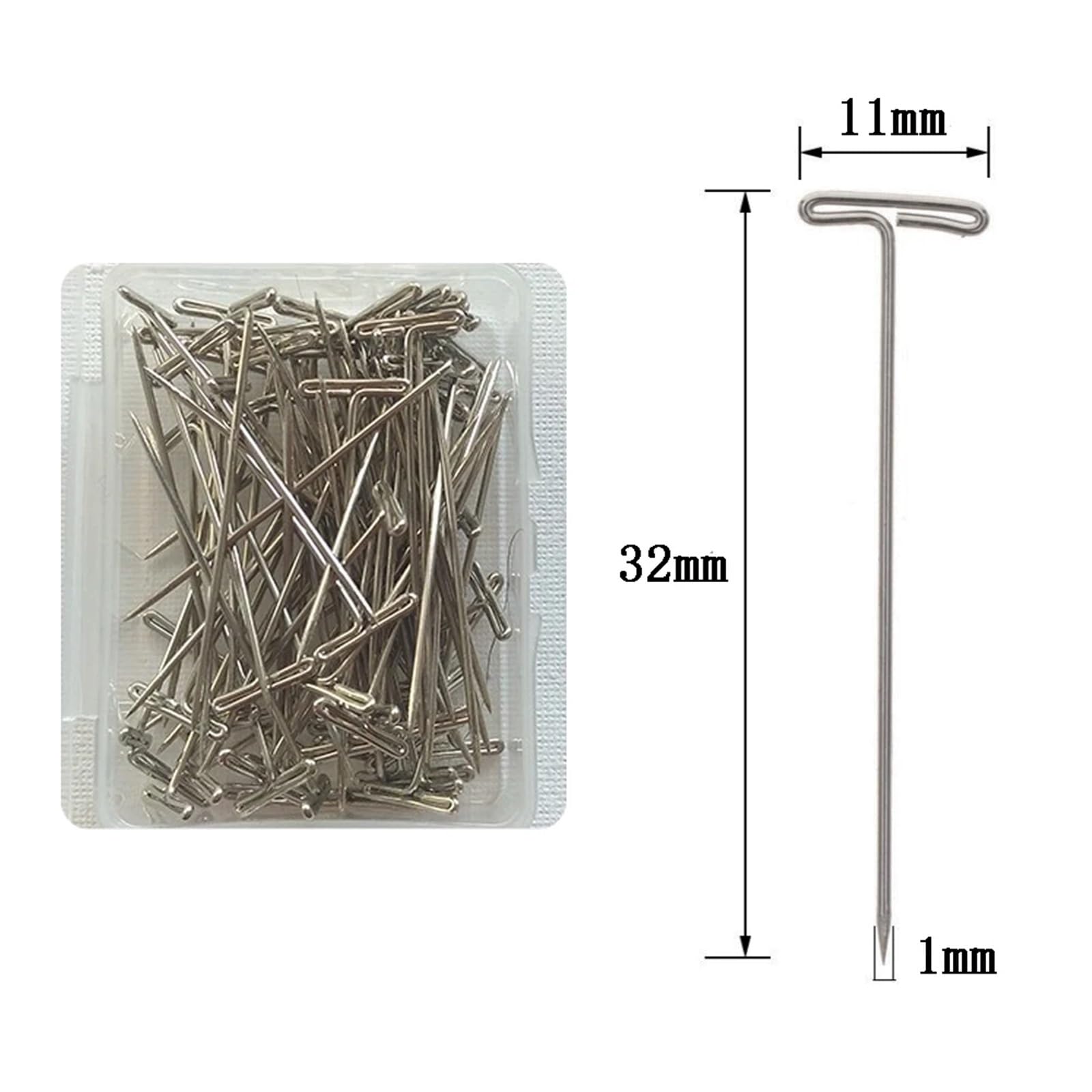 Spilli a T aghi a forma di T, 32 mm, in acciaio inox color argento, per bloccare lavori a maglia, parrucche e extension per capelli (800 pezzi)
