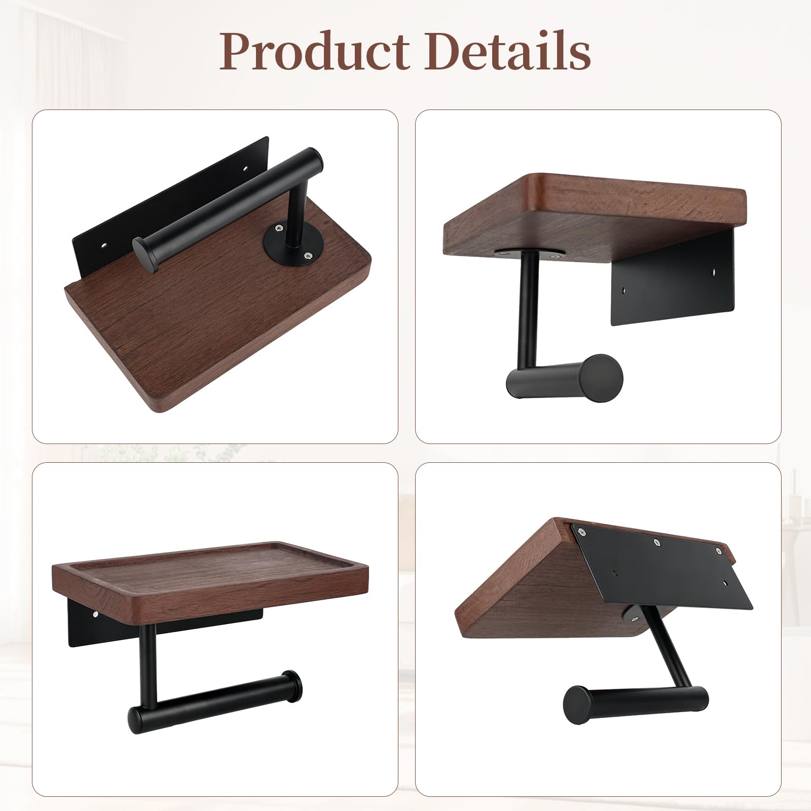 Toilet Paper Holder with Walnut Wood Shelf, Adhesive and Wall Mounted — Amazon image 7