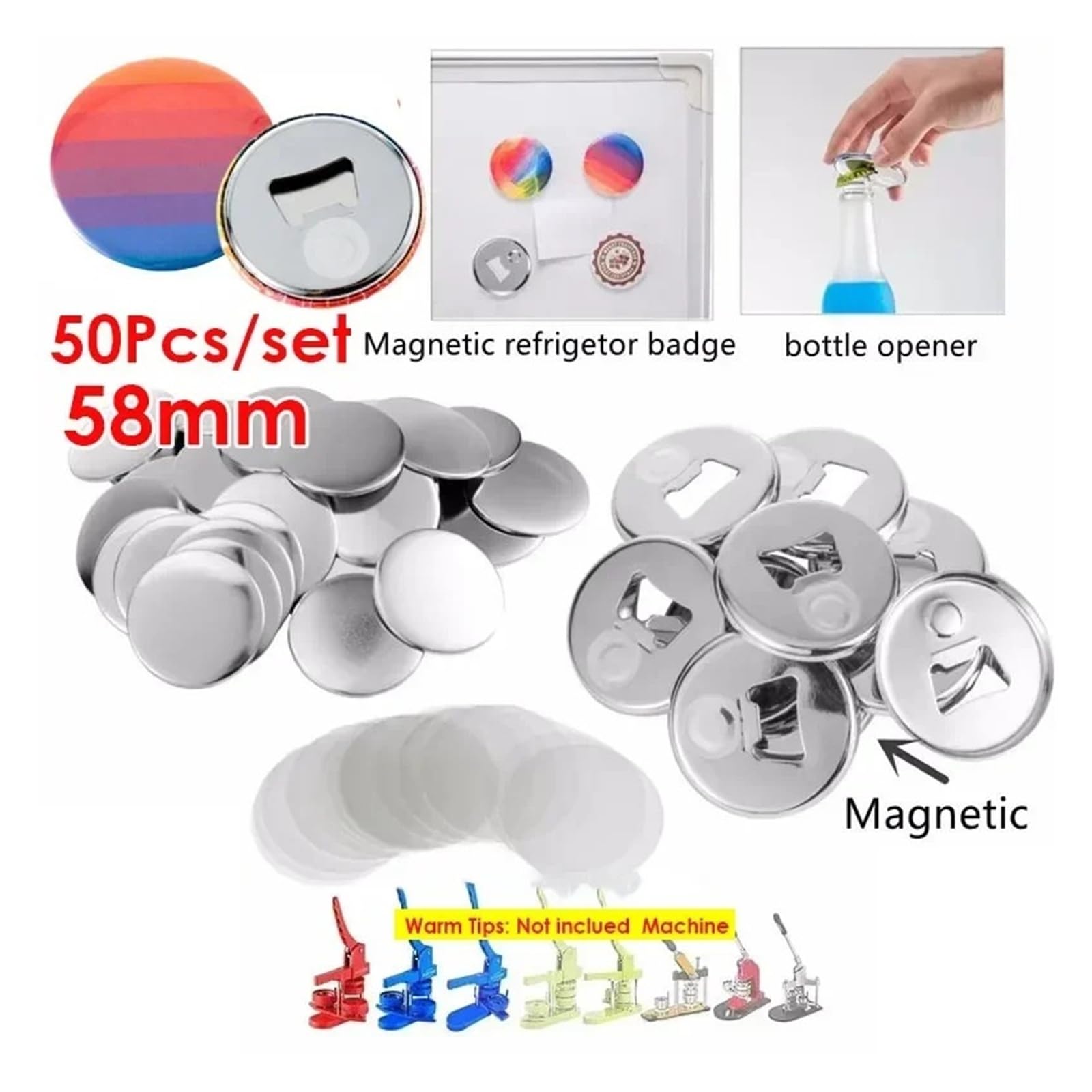 100 STÜCKE 58mm Metallknopfteile Zubehör Kühlschrankmagnet Flaschenöffner for Button Maker Maschine Round Pin Maker Materialien Für Basteln