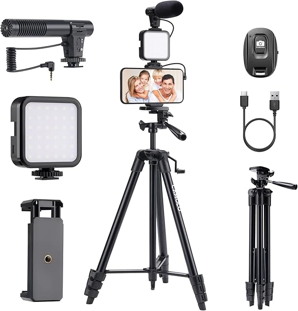 CAMOLO Vlogging Kit, Smartphone Vlog Kit with Microphone with LED Light, Phone Tripod 53 inches with Wireless Remote, Vlogging Camera for Youtube with Tripod