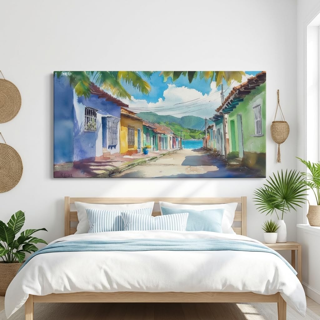ZESTRILIA Caribbean Street Wall Art Paintings Watercolor Seaside Village Print Canvas Painting Prints Coastal Scenic Modern Artwork Office Living Room Bedroom Décor (40x20 Inches)