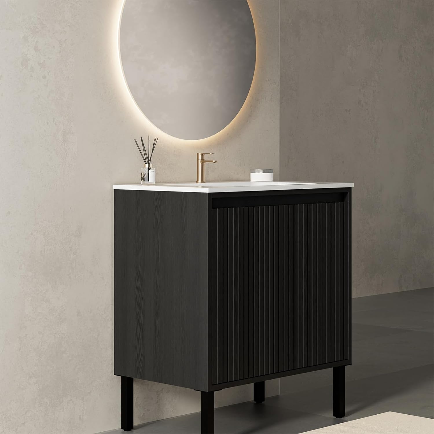 30 Inch Bathroom Vanity with Sink, Modern Design for Small Spaces, Space-Saving Wall-Mounted Feature, Soft-Closing Doors for Quiet Use, Elegant Black Finish for Contemporary Style（White Sink）