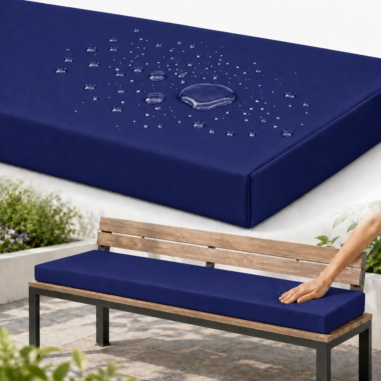 AZMAHT Bench Cushion Outdoor, Garden Bench Cushion with Waterproof Polyester Cover, 50D Foam, Non-Slip Base, 2 Ties, Removable Zip Cover for Patio, Bay Window, Garden Swing,Dark Blue,70x30x5cm