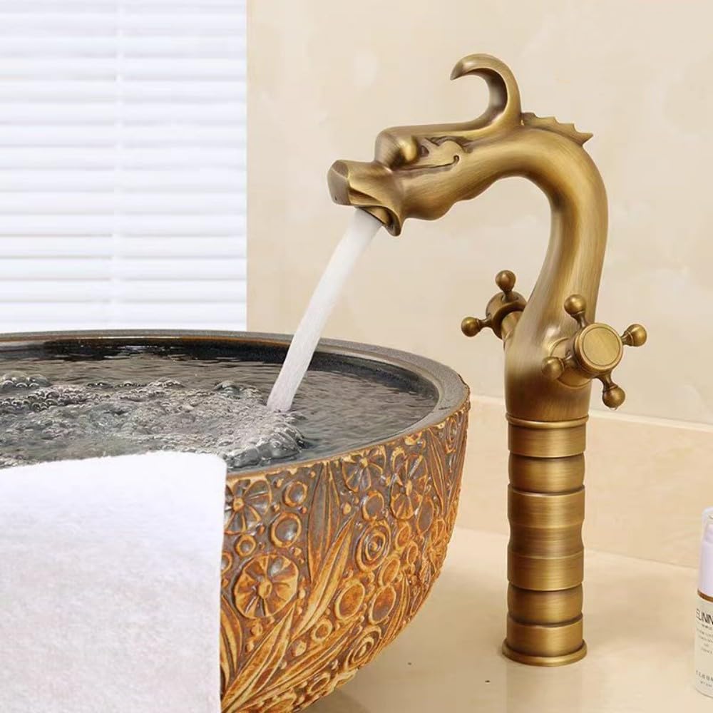 Grifo de Lavabo Alto Latón Antiguo, Doble Manija Vintage Mezclador de Baño Bronce, Cabeza de Dragón Grifos de Baño Lavabo, Retro Grifo Mezclador de Agua Caliente y Fría (33 cm)
