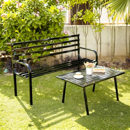 Image of BRISHI 3 Seater Metal Garden Bench with Center Table for Indoor & Outdoor Park /Patio /Living Room /Terrace /Balcony (Black)
