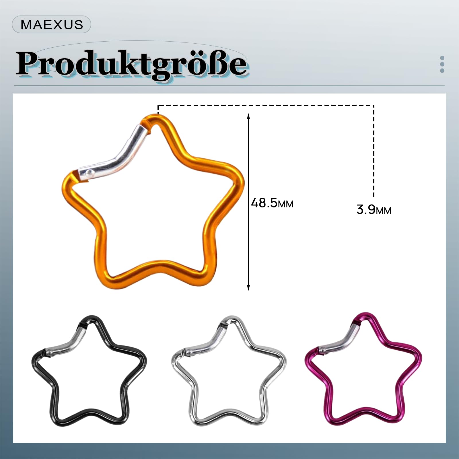 MAEXUS® Karabińczyk, 4 breloczki do kluczy, gwiazdka, karabińczyk, gwiazdka, karabinek nożycowy, 48,5 mm, aluminiowy plecak, sprzączki bezpieczeństwa, gwiazda Carabiner do aktywności na świeżym