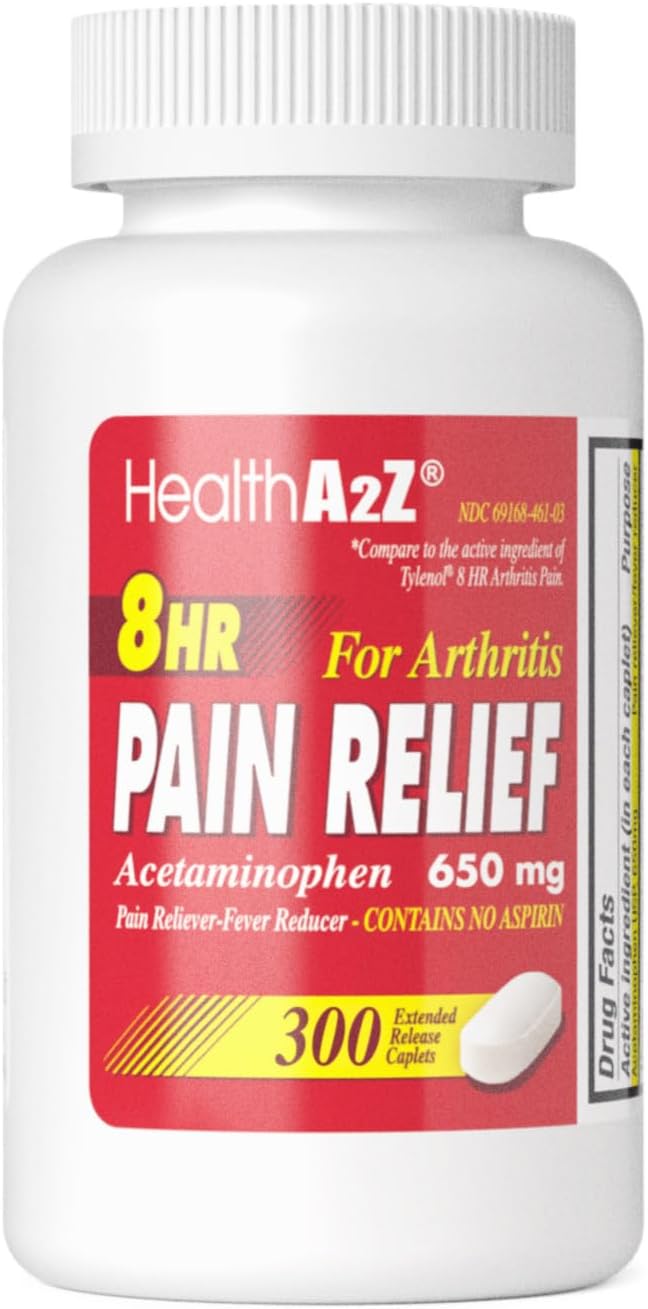 - HealthA2Z® Pain Relief Extended Release, Acetaminophen 650mg, 8 Hour Pain Reliever, Fever Reducer, Arthritis Pain, Aspirin Free, Dye Free, 300 Caplets