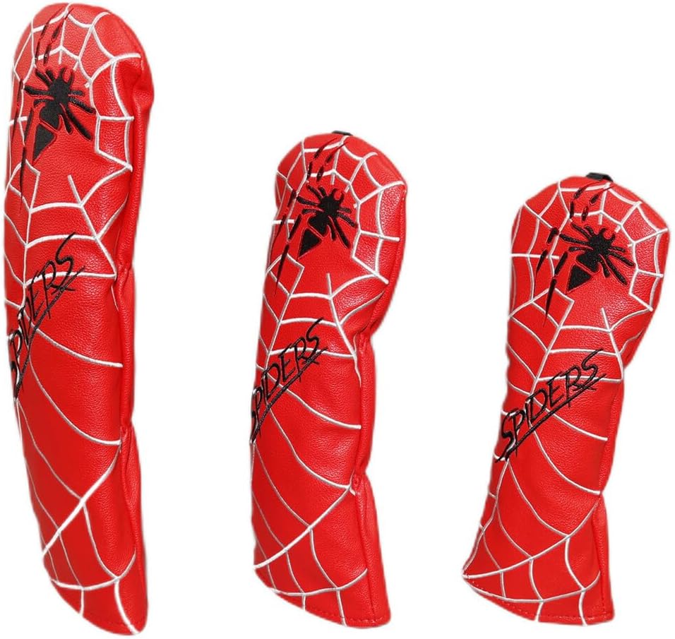 Golf Club Head Covers for Driver Hybrid and Fairway Woods, Waterproof Leather Headcovers for Golf Clubs, Ideal Golf Accessories Gift for Men Women (Red Spider Web Design) (1 Set (S,M,L))