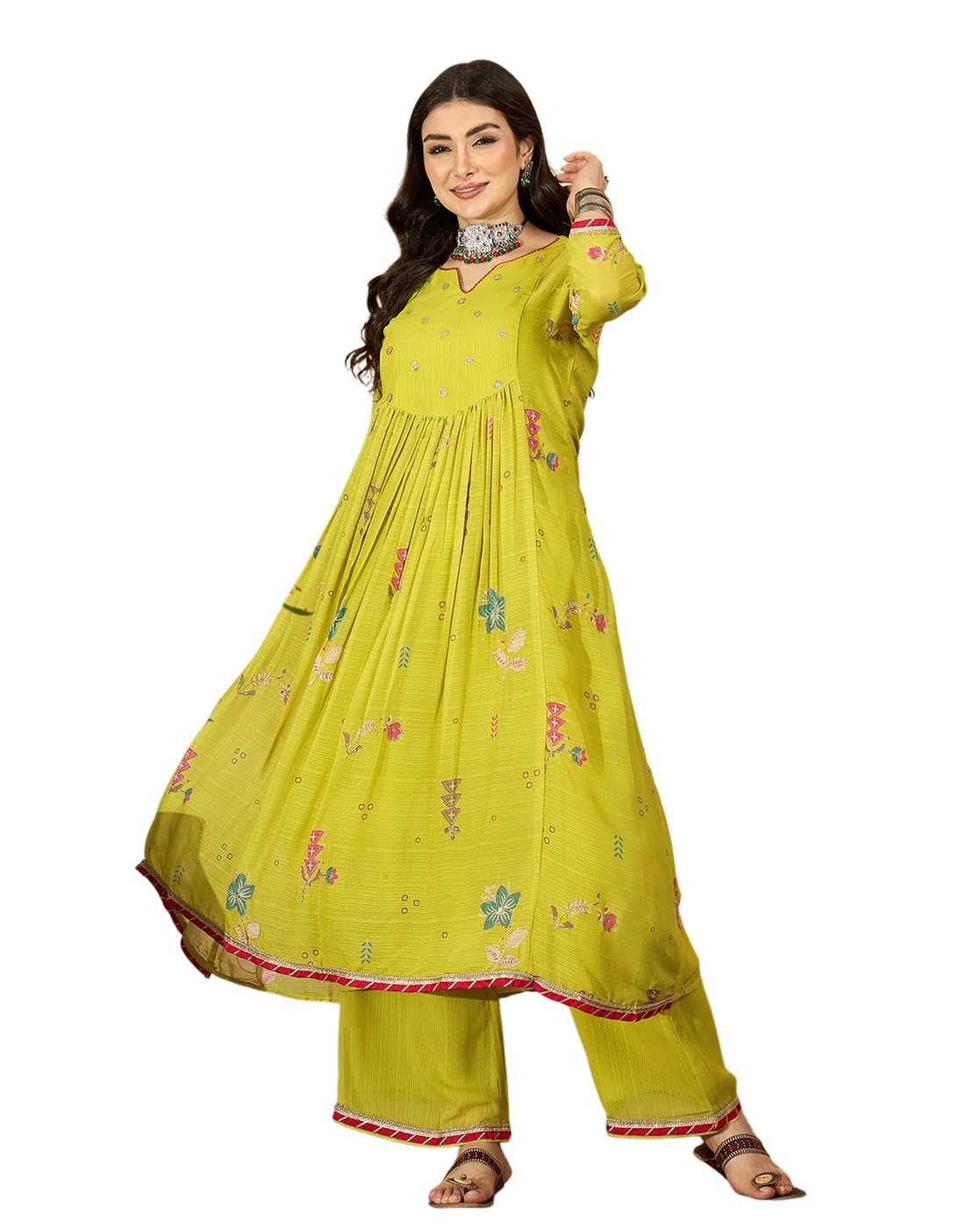 amazon brand - tavasya Women Milky Georgette Zari Sequence Aari Work and Gotapatti Lace Kurta Set|Salwar Suit|3 Piece Set-picture-21
