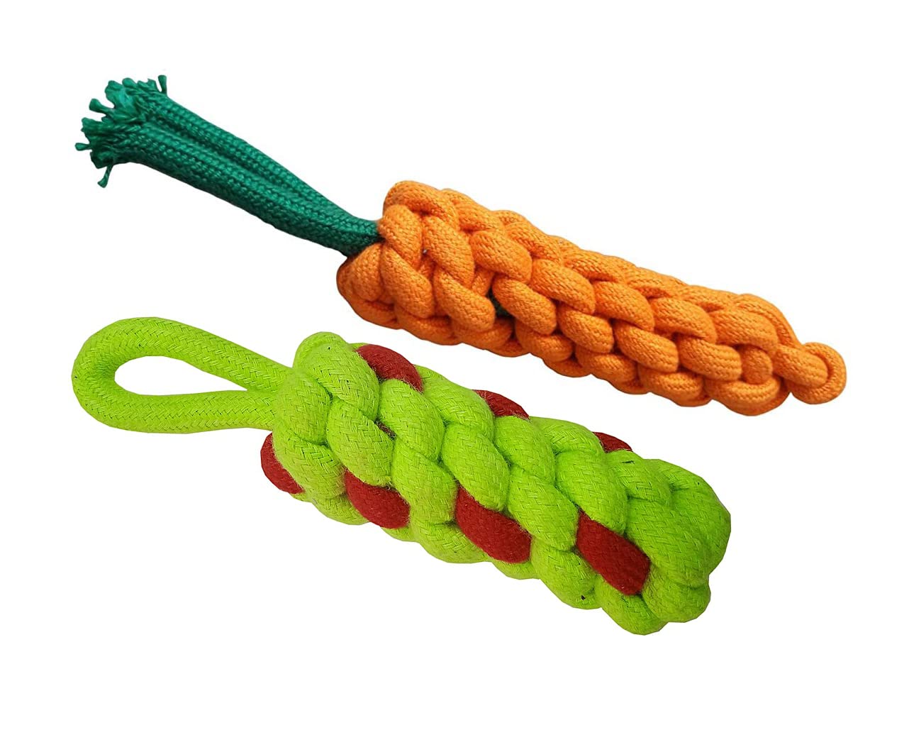 Pet Needs Durable Pet Teeth Cleaning Chewing Biting Knotted Cotton Carrot and Dummy Rope Toy for Small Puppy -100% Natural & Safe Cotton-Small (Orange Green)
