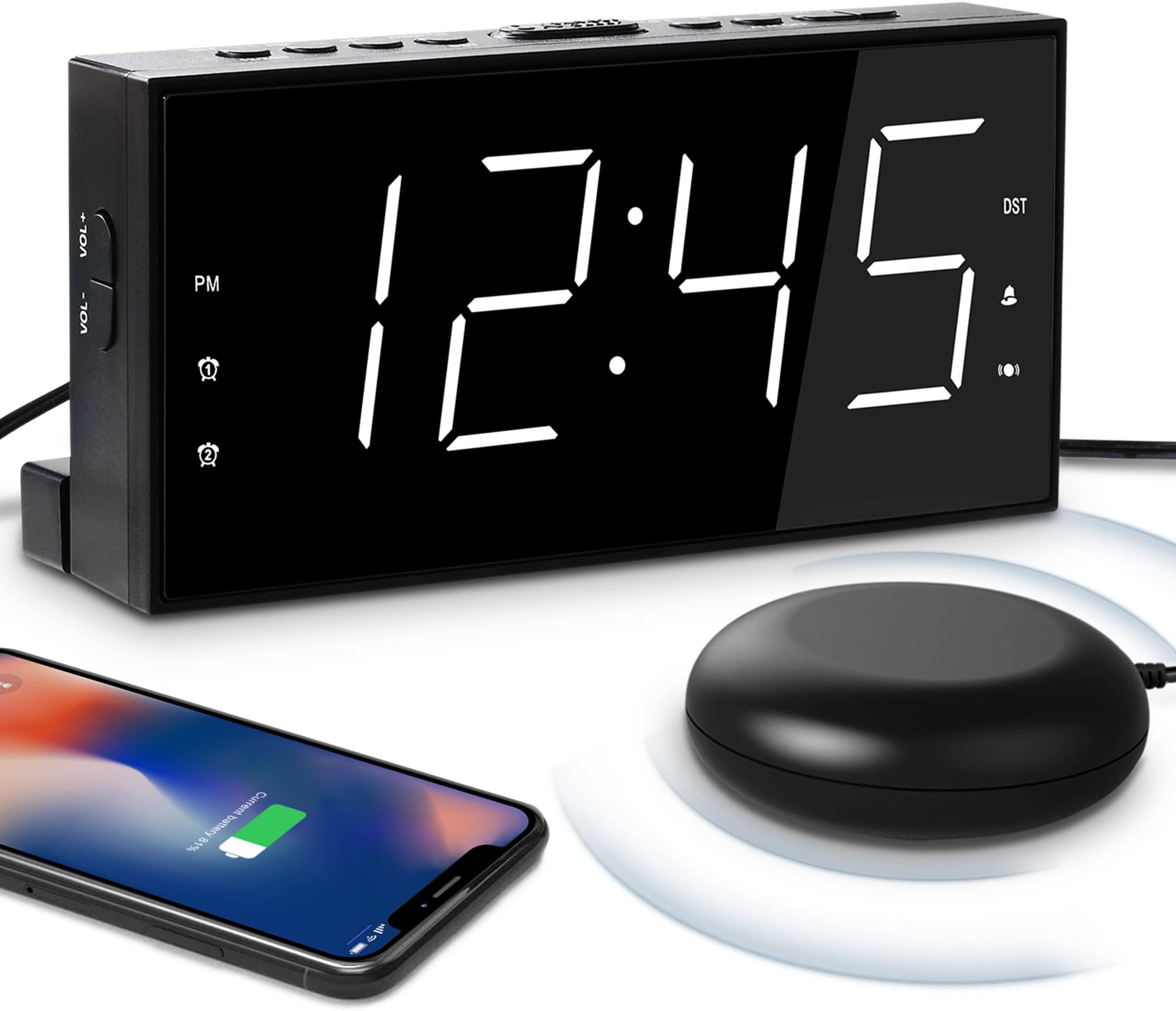 ANJANK Extra Loud Alarm Clock with Wireless Bed Shaker, Vibrating Dual Alarm for