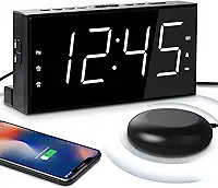 Despertador duplo extra alto com vibração para quarto, despertador de cama extrema para pessoas com sono profundo para surdos auditivos, tela LED transparente de 7 polegadas, porta USB, bateria