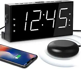 Despertador duplo extra alto com vibração para quarto, despertador de cama extrema para pessoas com sono profundo para surdos auditivos, tela LED transparente de 7 polegadas, porta USB, bateria