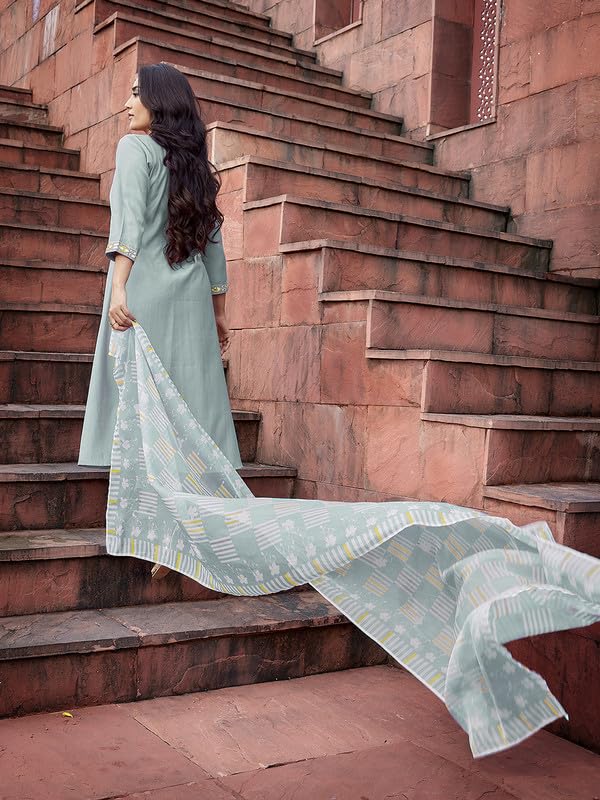 Image of Royal Export Women's Viscose Yoke Mirror Work Solid Flared Kurta Pant with Dupatta Set, Anarkali Kurta Sets for Women