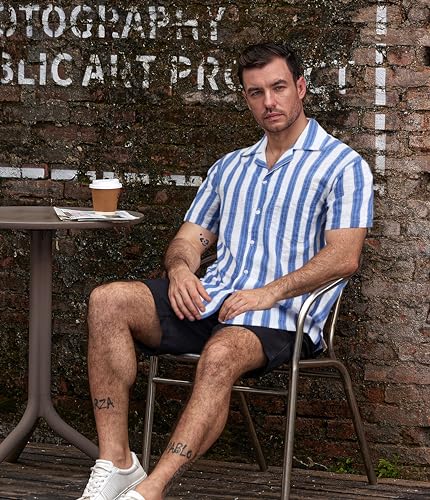 Image of VATPAVE Mens Striped Summer Shirt Casual Button Down Short Sleeve Beach Shirts Cotton Shirts for Men
