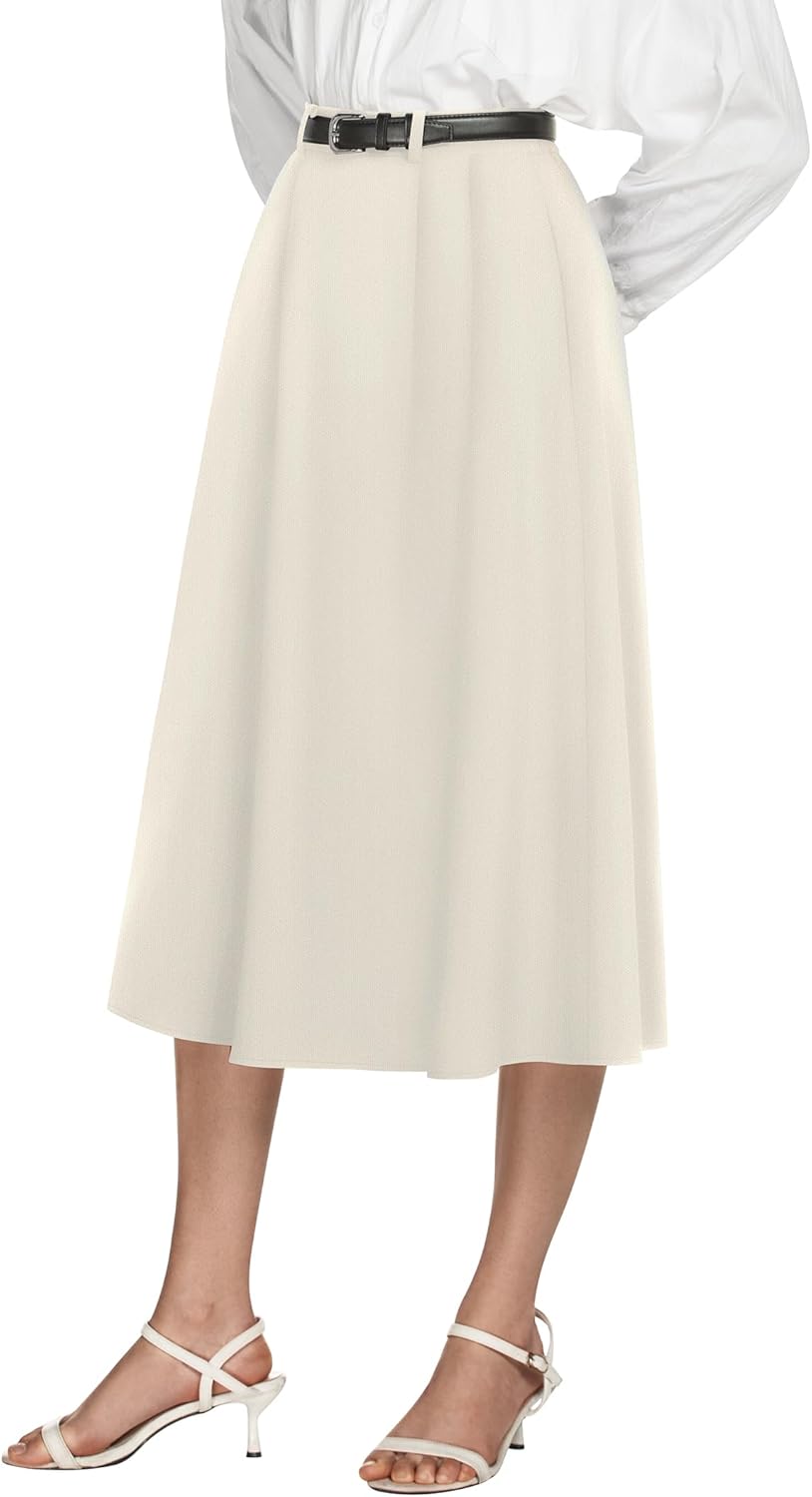 Casly Lamiit Women's High Waisted Midi Skirts Summer Business Skirt Flare Work A Line Pleated Skirt with Pockets