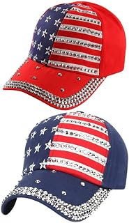 NOLITOY 2pcs USA American Flag Baseball Cap Rhinestone Patriotic 4 of July Hat Independence Day Dad Hat Trucker Hat for Men Women Teens Red Blue