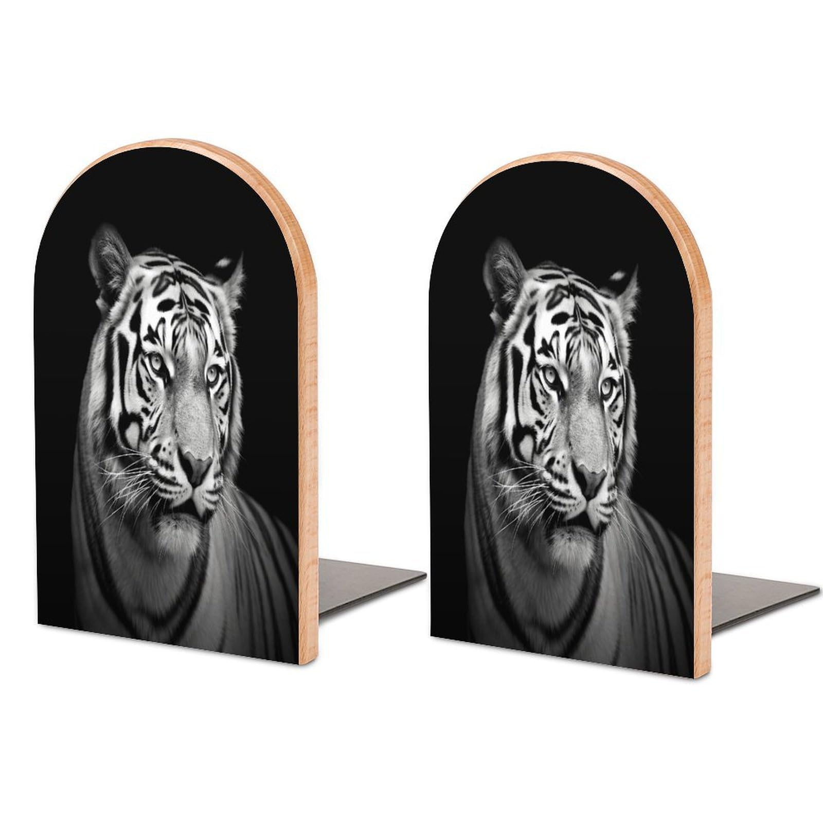 Black and White Tiger Bookend Wood Book End for Shelves Heavy Duty Non-Slip Wooden Bookend Support Universal Economy Bookends Fancy Modern Decorative Book Accessories 1 Pairs