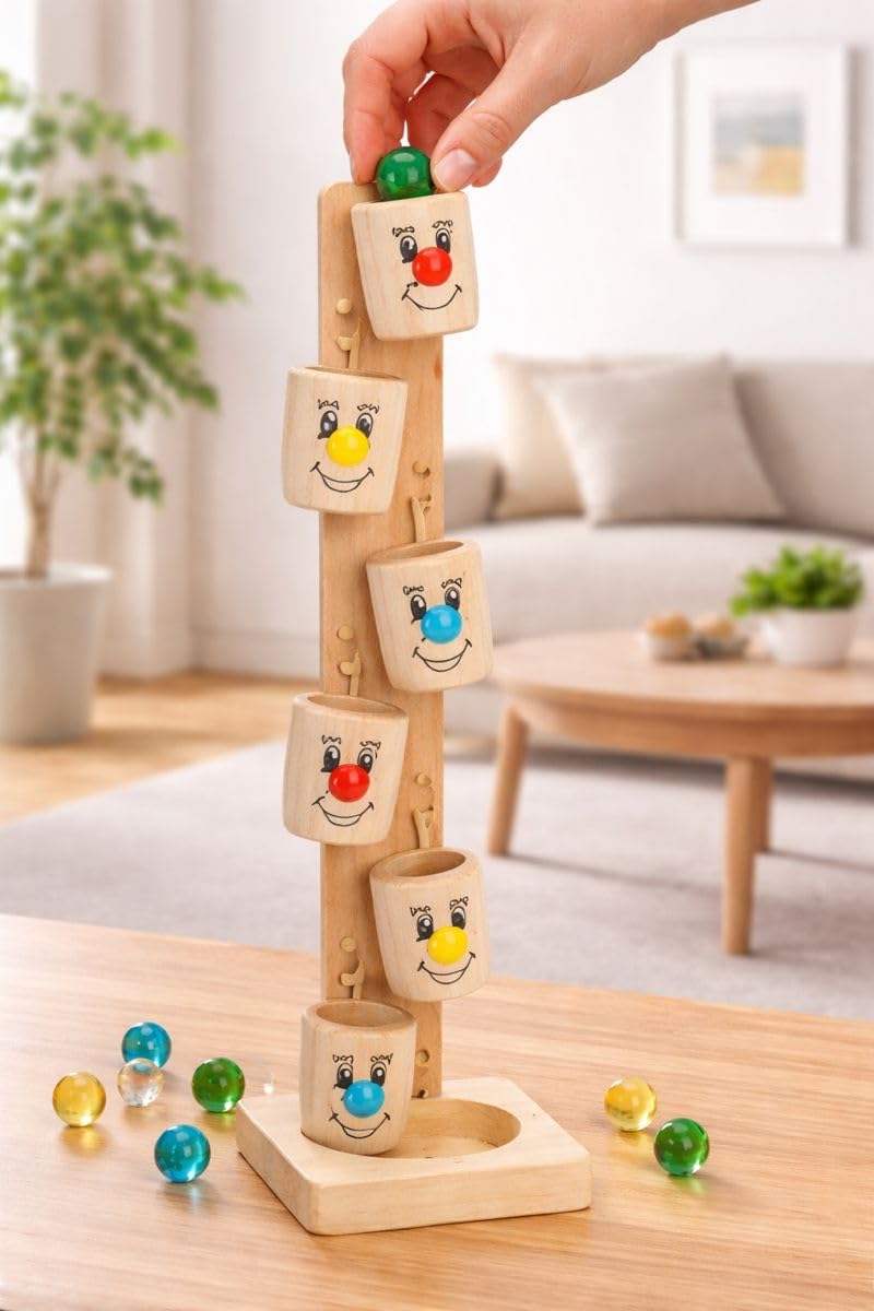 Handcrafted 11 Inch Wooden Marble Run Slider Tree Toy with Tilting Buckets| Cartoon Themed Marble Track Game| STEM Toy for Kids & Adults, Family Fun Game (with 4 Marbles) (Design 2)-image-39