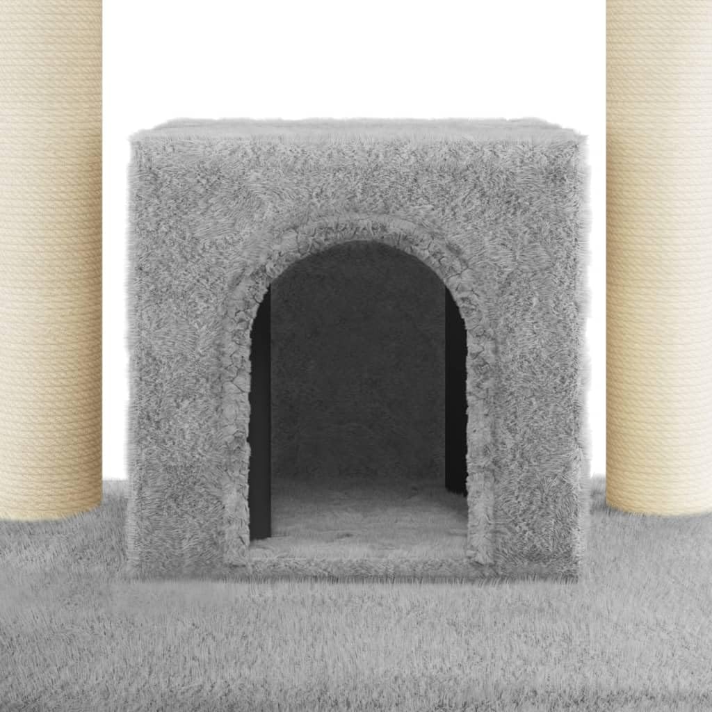 Kratzbaum für Katzen mit Sisal-Kratzsäulen 110 cm Hellgrau, Stabiler Kletterbaum mit Haus, Plattformen und Plüsch