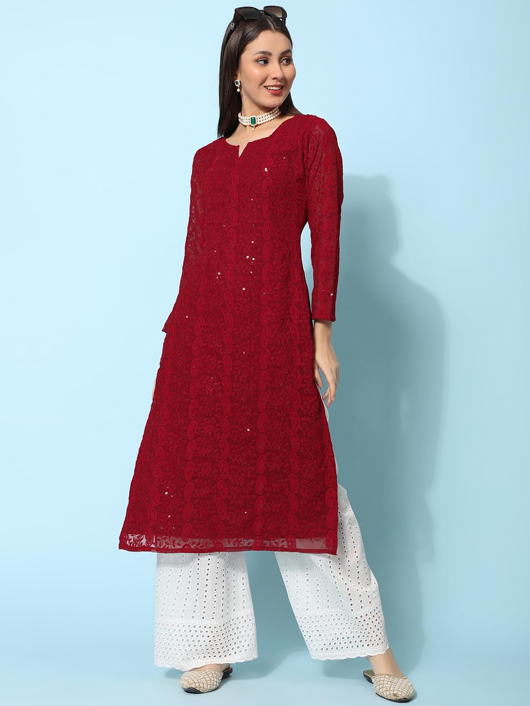 Gufrina Women's 3/4 Sleeve Lakhnavi Embroidery Work Kurta With Chikankari Palazzo Set - Elegant Ethnic Wear (Maroon S)
