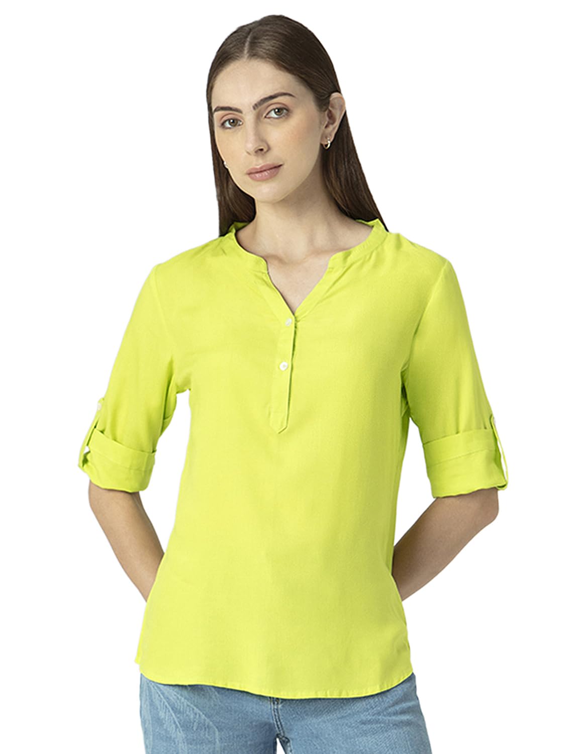 fyltr Women's Fashion V-Neck Top with Roll-up Sleeves-picture-38