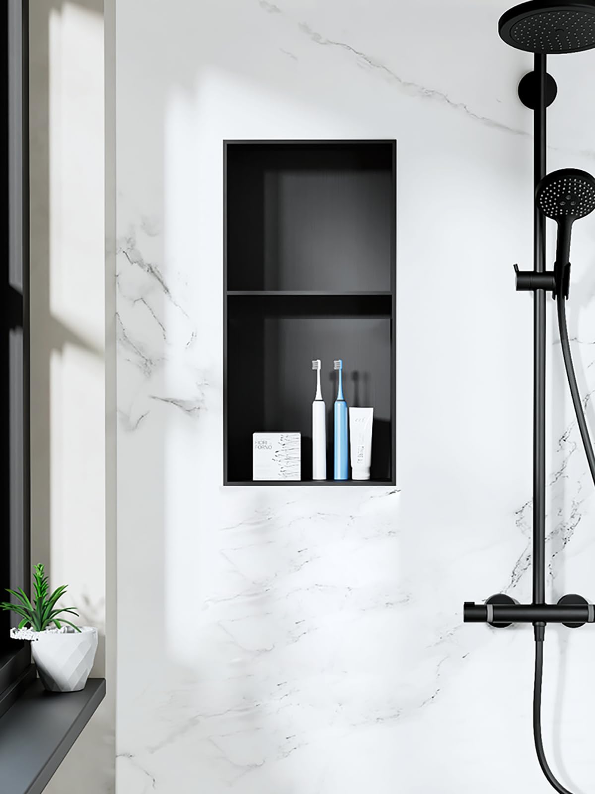 Estante de ducha de acero inoxidable de 90 x 28 cm, doble nivel, instalación sin taladrar, sin azulejos, almacenamiento integrado de jabón y artículos de tocador, elegante acabado negro