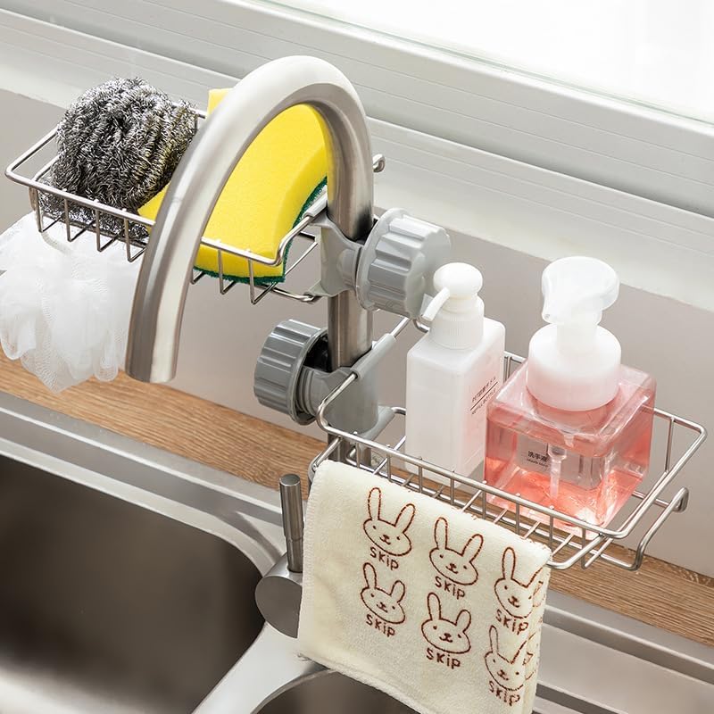 Kyrotech Mutfak Organizeri Tek Kat Demir Raf, Musluğa Klipsli Paslanmaz Çelik Evye Düzenleyici, Delmesiz Kurulum, Açık Drenajlı Süngerlik, Askılı Lavabo İçi Raf, Paslanmaz ve Dayanıklı Evye Organizeri
