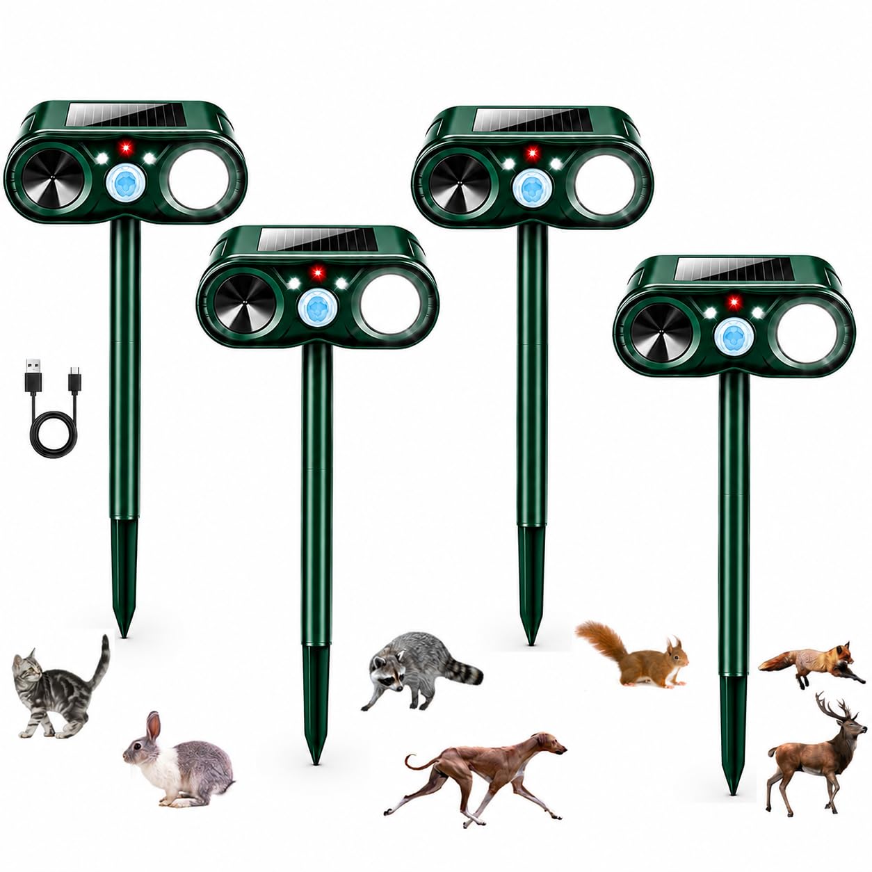 Photo 1 of 2026 Solar Ultrasonic Animal Repeller Outdoor for Cat,Rabbit,Squirrel,Raccoon,Sonic Deer Repellent Devices with USB Charging,Motion Sensor,Flash Light-IP65 Waterproof Animal Deterrent for Garden,4 Pcs