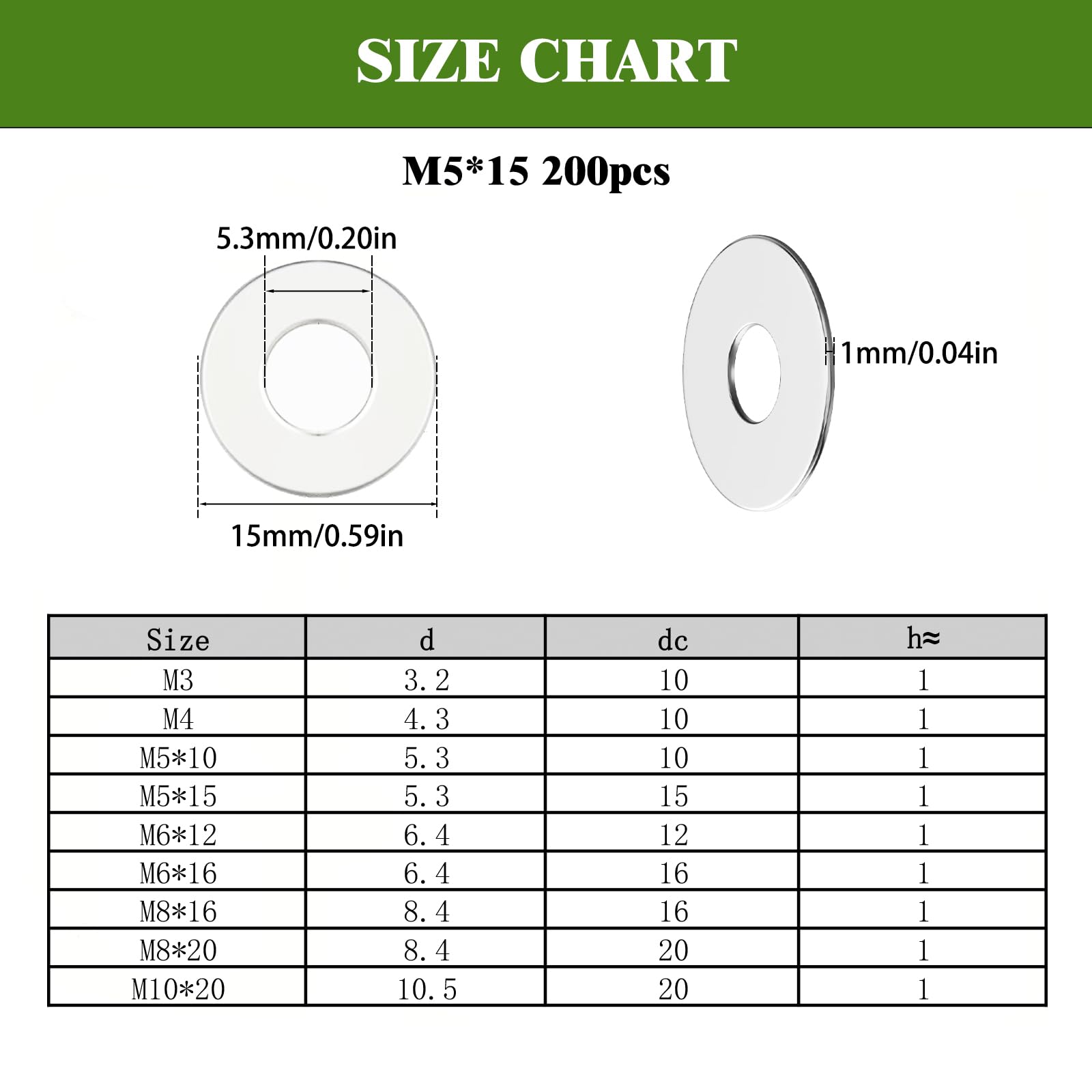 Hexizexi 200Pcs M5x15mm Washers for Screws Stainless Steel Washers Silver for Screws Nuts Bolts, M5x15mm 200pcs - Image 2