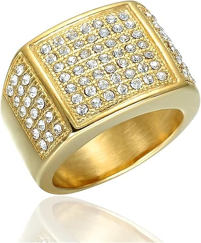 Xusamss Hip Hop chapado en oro de 18 quilates de acero inoxidable cuadrado anillo de cristal