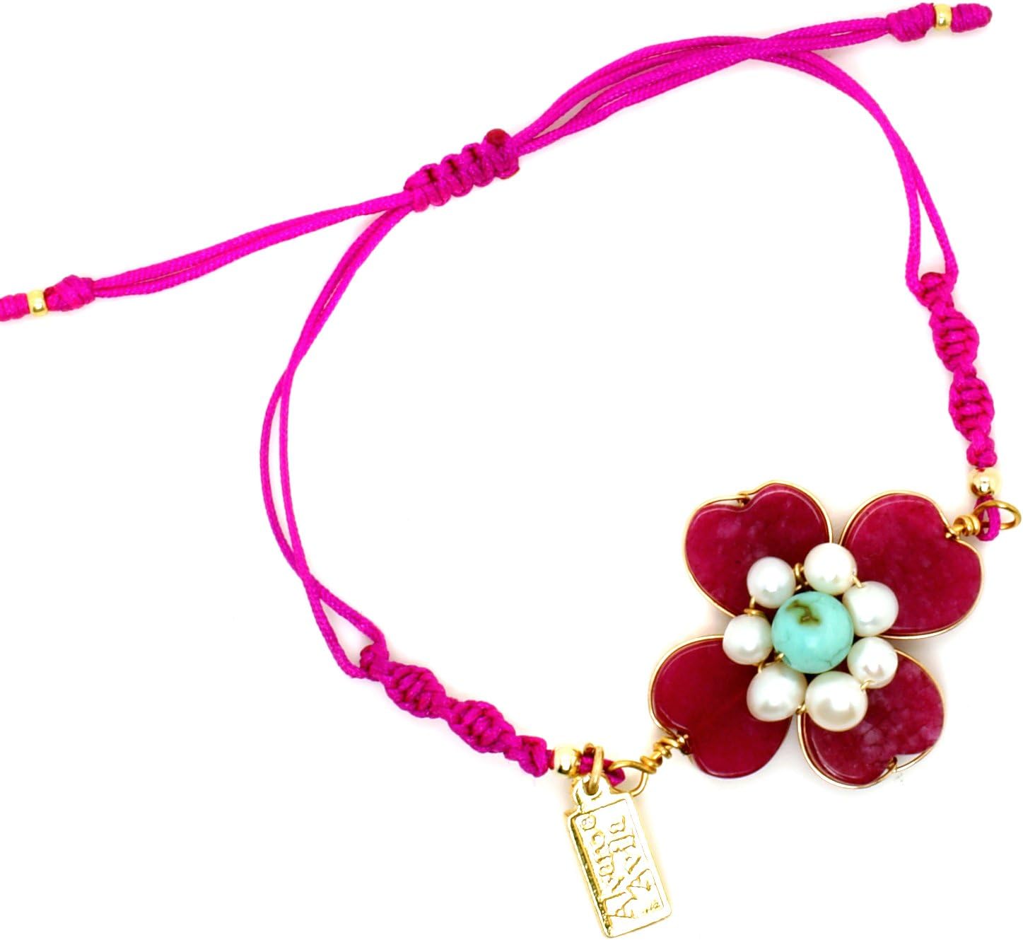 Red Flower Natural Stone Knotted String Bracelet: Purple