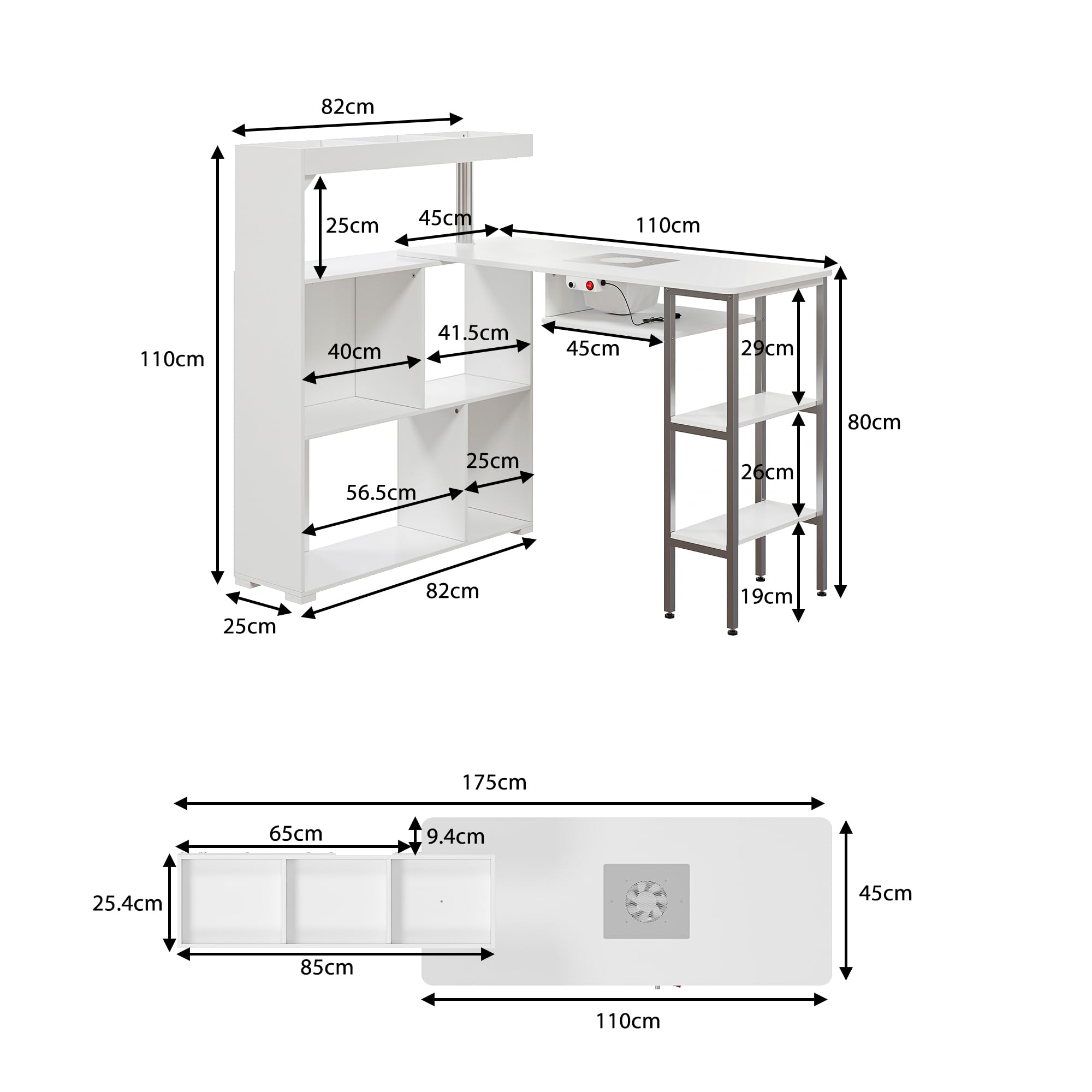 Caldion Table de Soin des Ongles 7 étagères Table de manucure avec Aspiration Meuble Manucure Professional Grand Espace de Rangement pour Salon et Beauté 110 x 82 x 110 cm Blanc