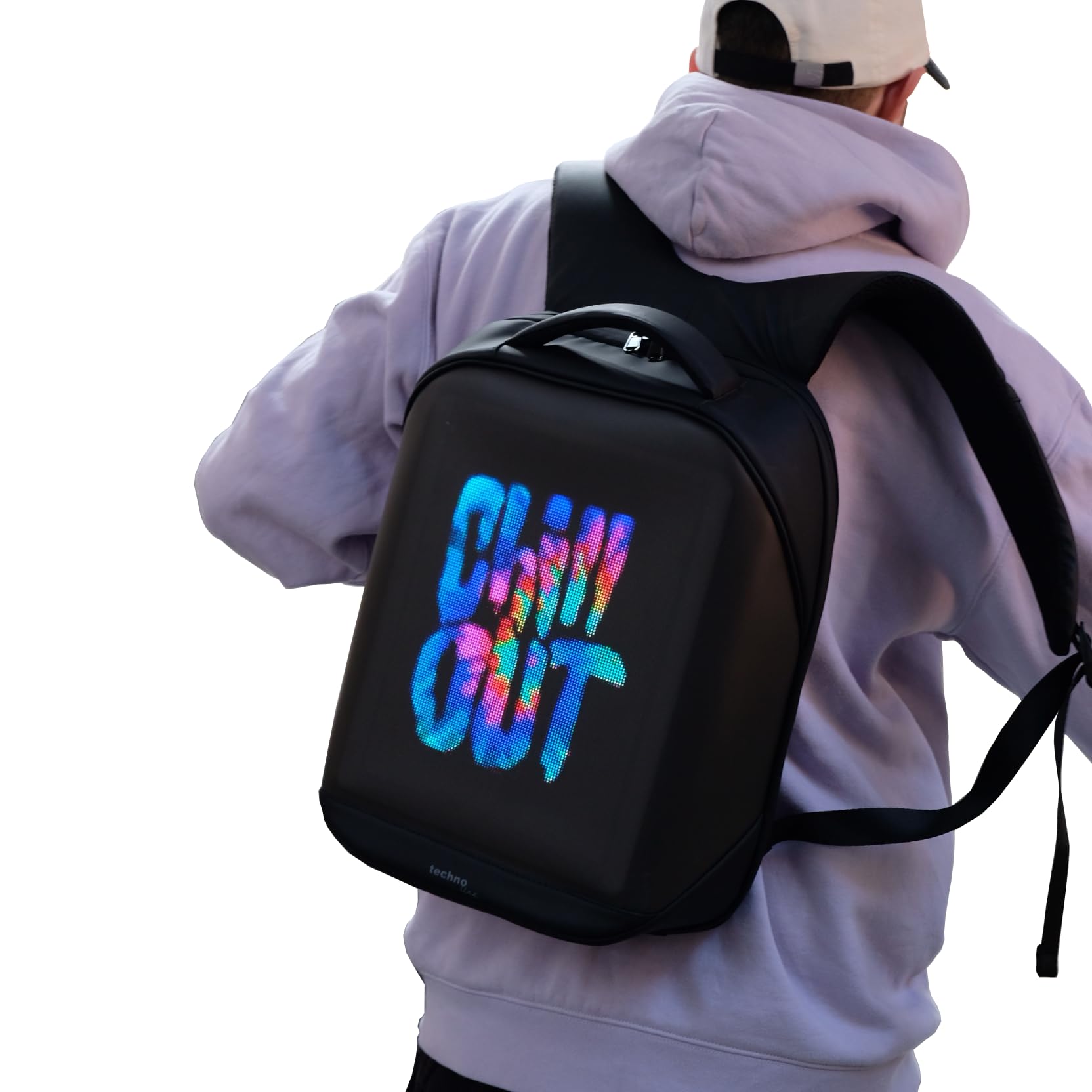 technoline Zaino a LED, zaino per laptop, zaino pubblicitario, personalizzato, scritta, animazione, immagini, trasferimento dati tramite bluethooth, controllo tramite app (gratuito), Nero, 312 x 420