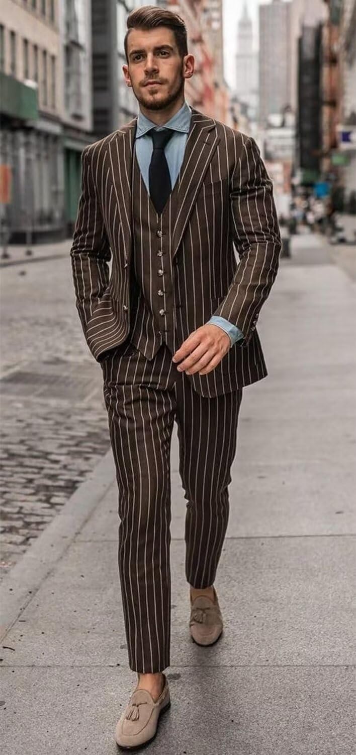 Uomo Abito a Righe 3 Pezzi Matrimonio Formale Sposo Monopetto Pulsante Smoking