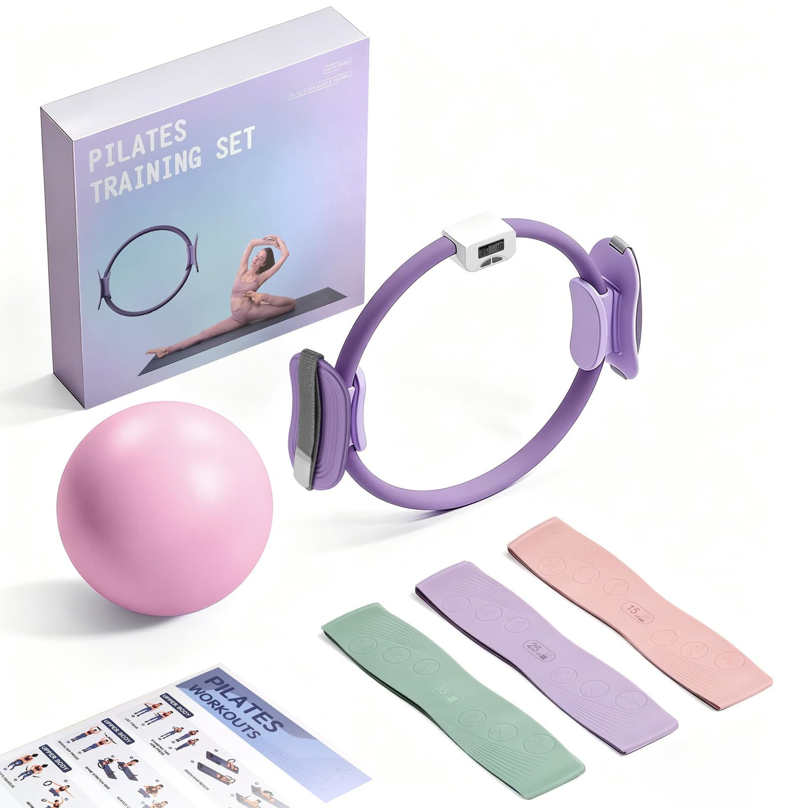 Pilates Kit, Anello Pilates da 14''/35cm Pollici con Palla Mini Pilates,3pcs Fascette Resistenza per Forza Flessibilità,Stabilità e Tonificazione Corporea Attrezzi da Palestra con Display