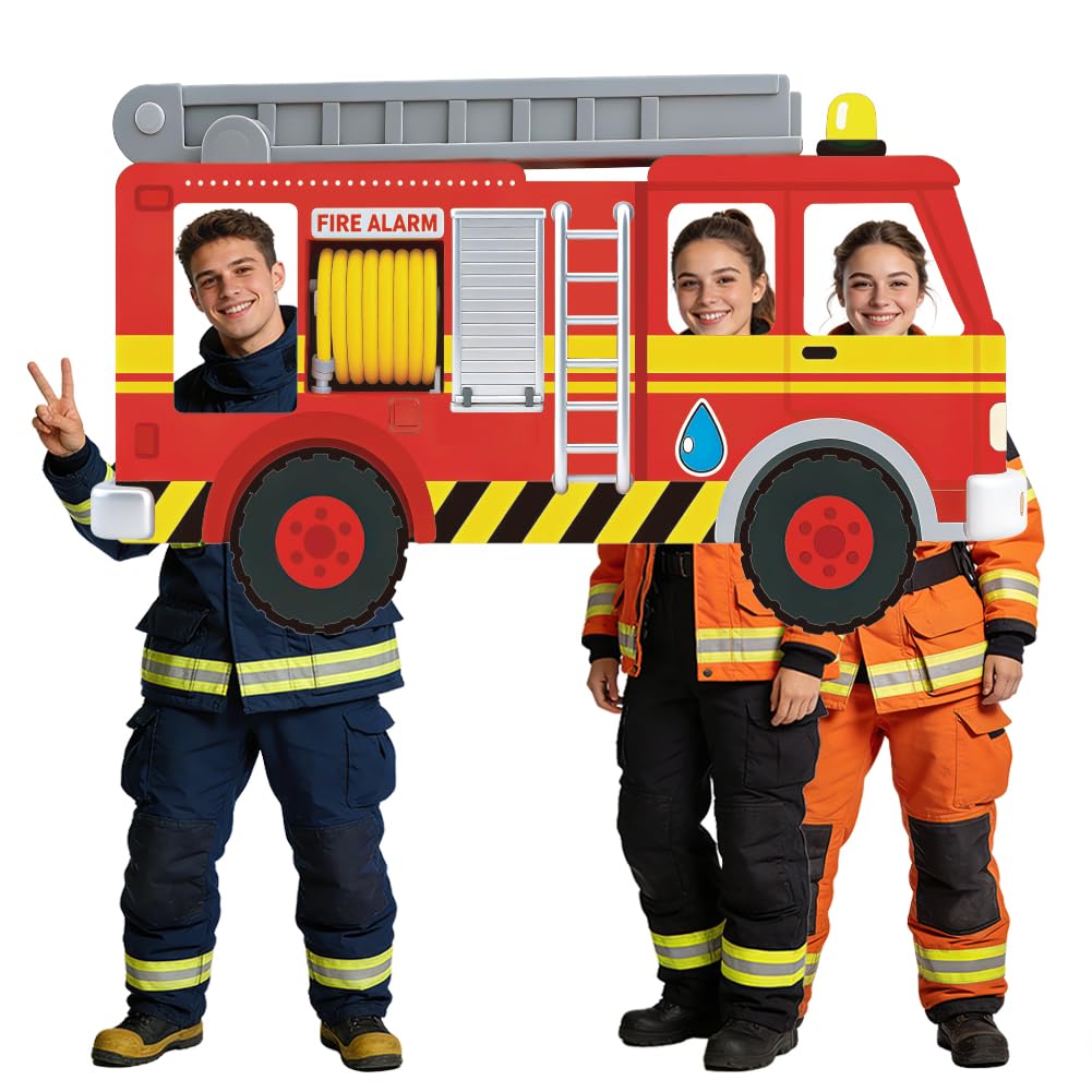 WADORN Fire Truck Shaped Photo Prop Selfie Frame Party Banner, 6.5x3.9 Ft Firefighter Theme Party Photo Backdrop Firetruck Decor Background Hanging Supplies for Home Party School Safety Event