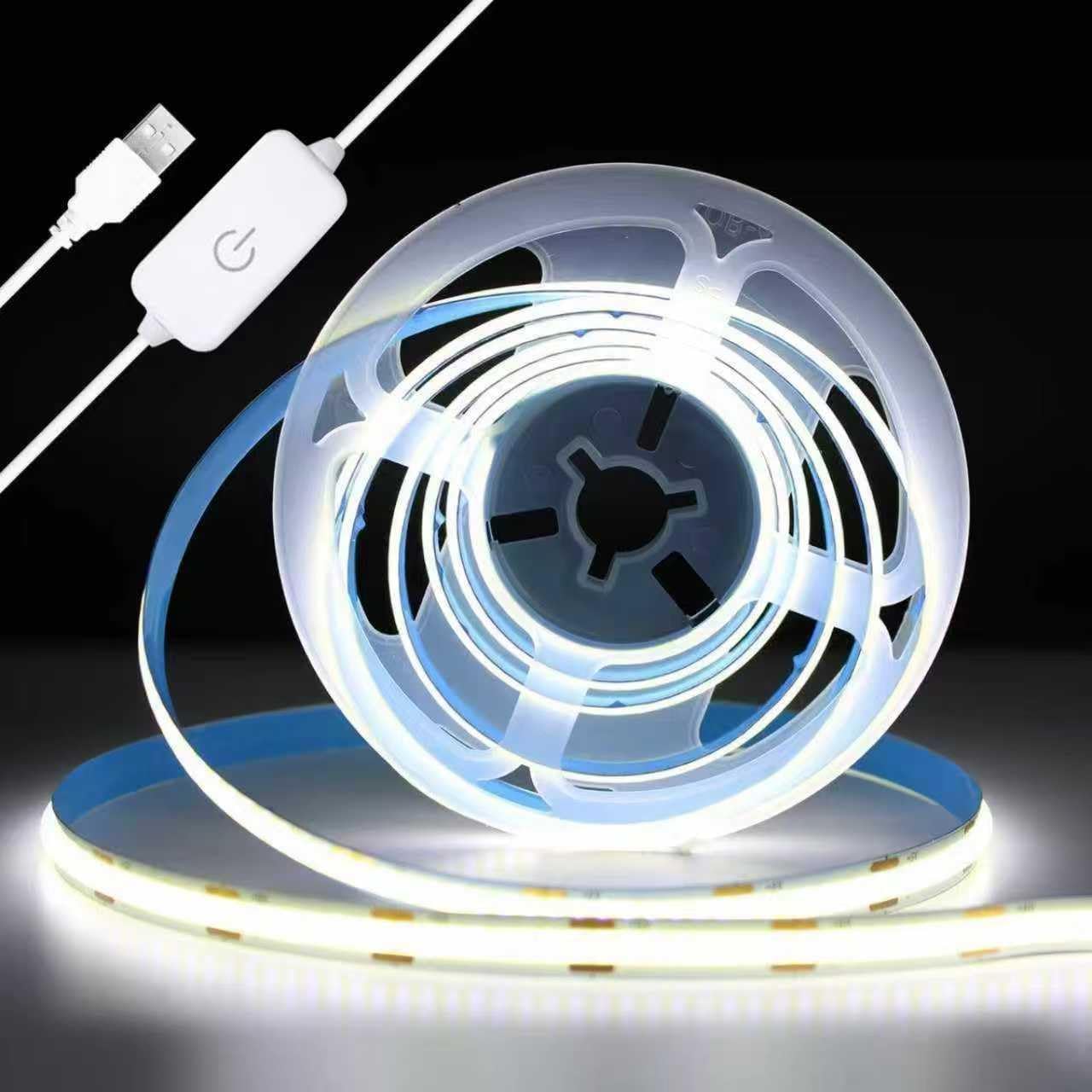 PERVADEO 5V USB COB LED Strip Lights, 1M/3.28ft Dimmable Led Light Strip Cool White 6000K Dotless Tape Light High Density 320LEDs/M for Bedroom Kitchen Under Cabinet Home Decor