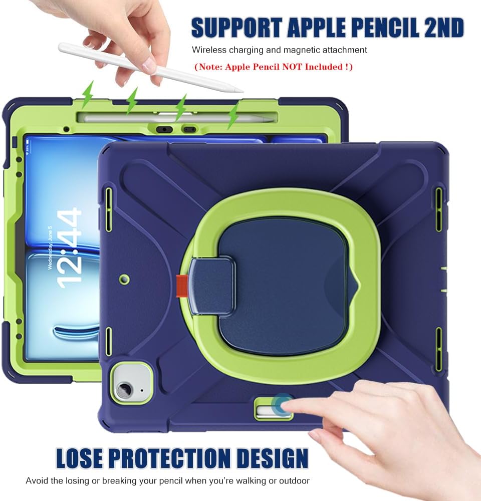 SCSVPN Case for iPad Air 13 inch M4 2026/ M3 2025/M2 2024 & iPad Pro 12.9'' 6th/5th/4th/3rd Generation 2022 2021 2020 2018, Protective Cover with Pencil Holder-Stand-Handle-Shoulder Strap, Navy Green
