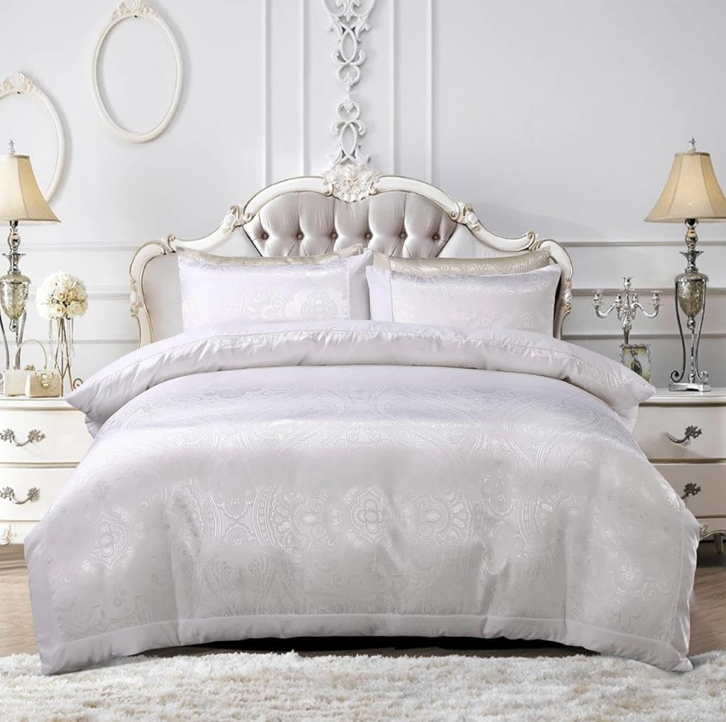 Camden Duvet Cover Set: A 3-Piece Luxury Microfiber Satin Jacquard Quilt Cover Bedding Set with Matching Pillow Cases, Effortlessly Easy to Care and Machine Washable” (White, Double)