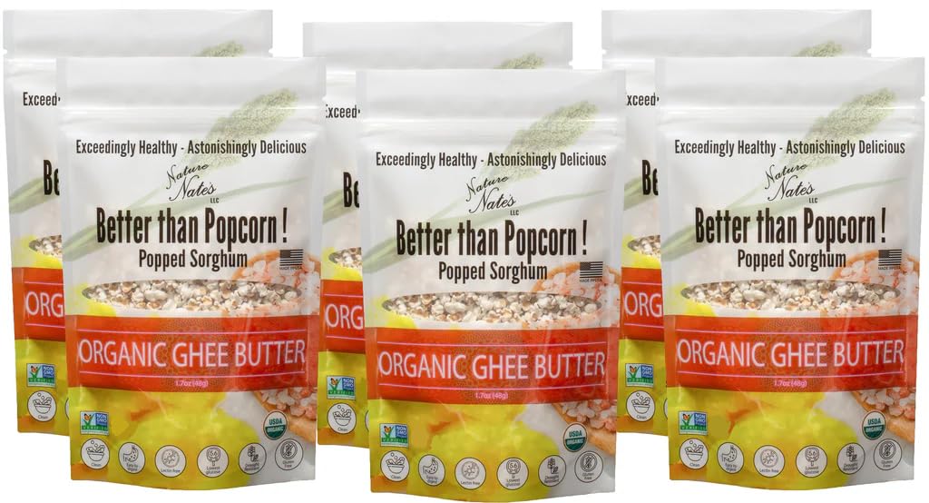 Nature Nate’s Popped Sorghum, Ghee Butter - Keto & Gluten Free, Healthy Snacks, Better Than Popcorn, Made in USA - 1.7 Ounce (Pack of 6)