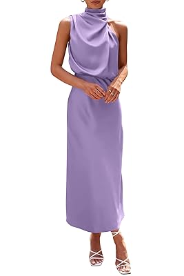 PRETTYGARDEN Women's 2025 Summer Satin Dress Elegant Sleeveless Mock Neck Cocktail Party Maxi Dresses