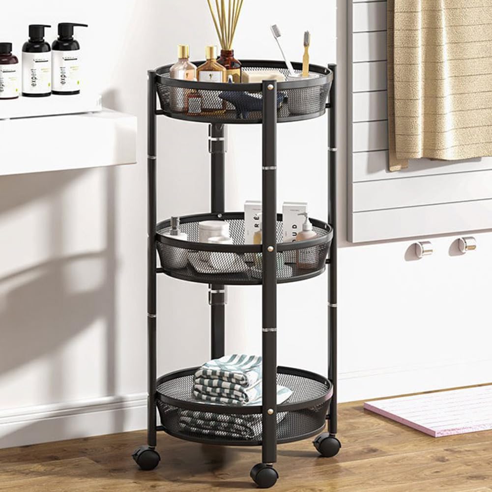 BAKAJI Carrello Pieghevole Salvaspazio Tondo a 3 Ripiani in Metallo, Carrellino Richiudibile Ergonomico Rotondo, Organizer 88 x 35 cm Ideale per Bagno, Cucina, Ufficio con 4 Ruote (Nero)